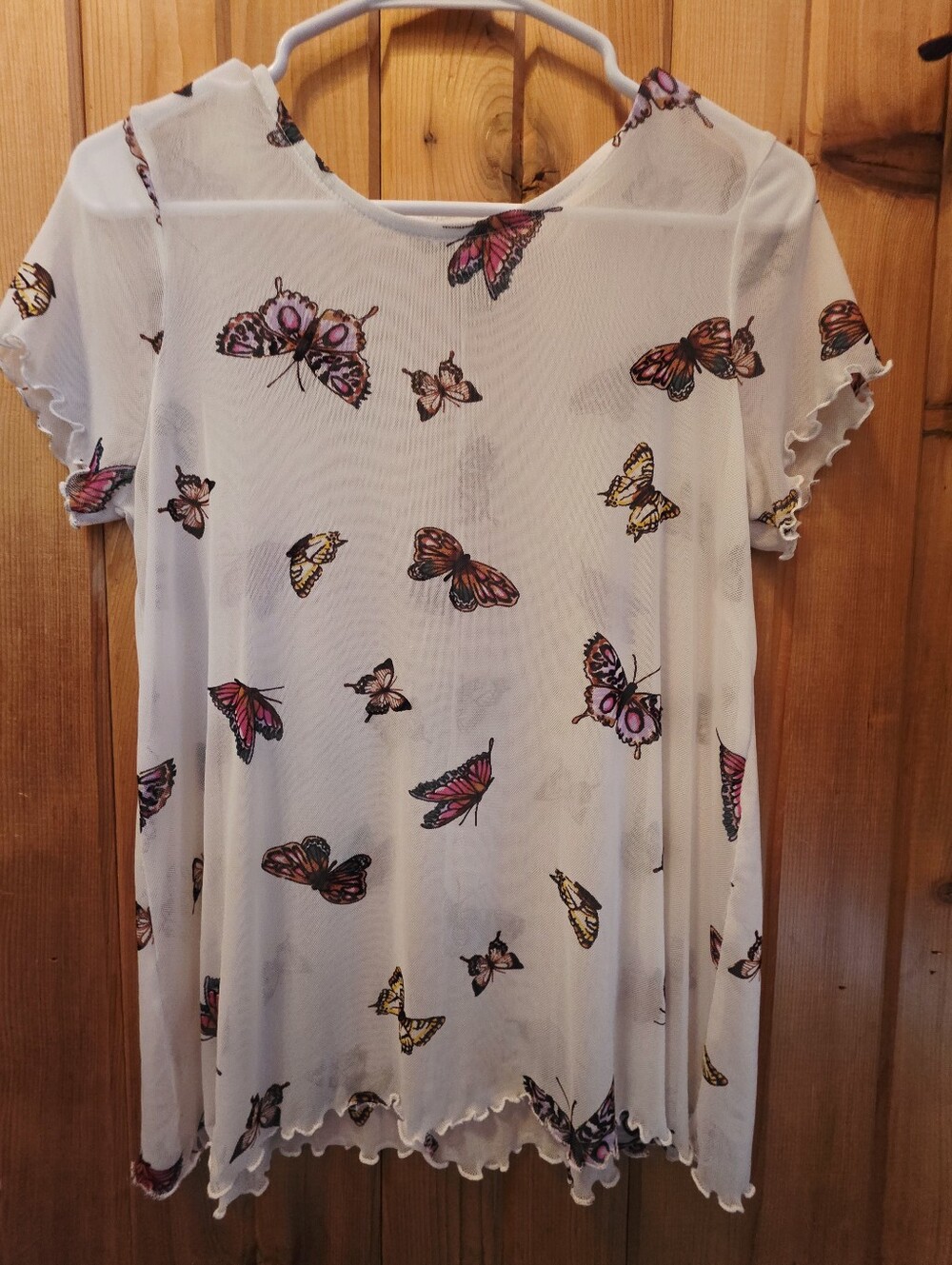 Love Fire Sheer Short Sleeve Butterfly Print Top